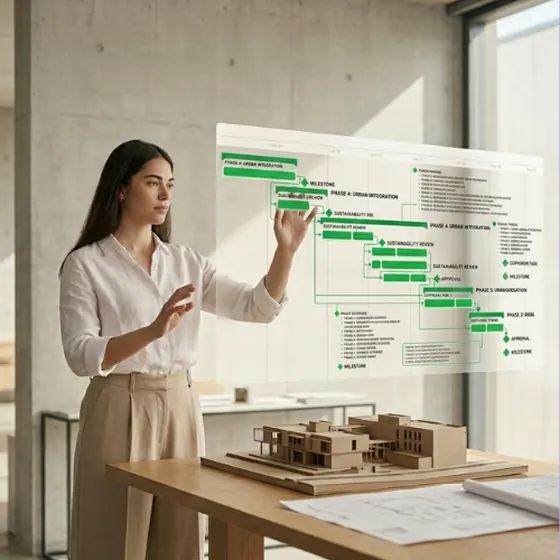 Un suivi de chantier lu au-dessus d'une maquette de bâtiment