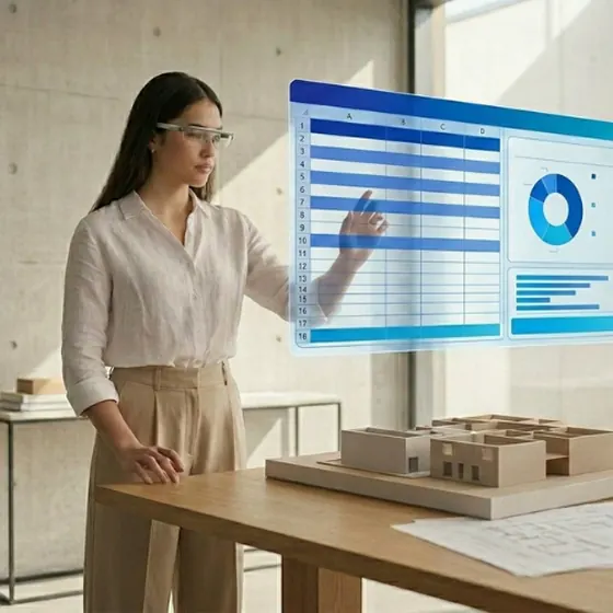Un tableau de chiffrage et ses graphiques, lus au-dessus d'une maquette